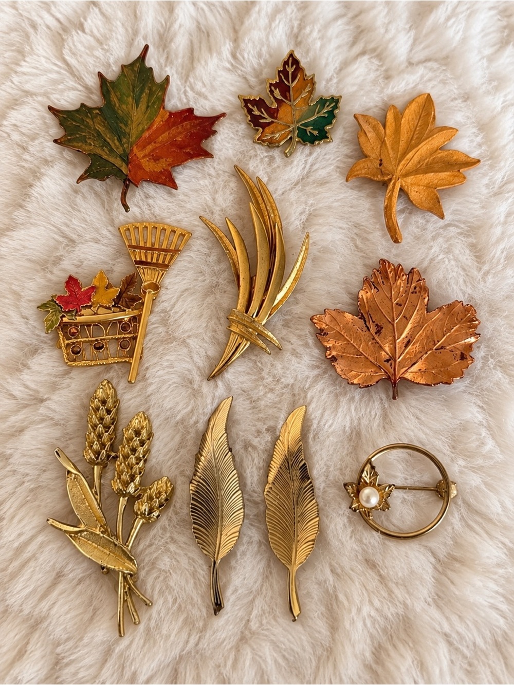 Vintage Leaf Brooch Lot 10 Gold Tone Enamel Maple Wheat Fall Nature Pins